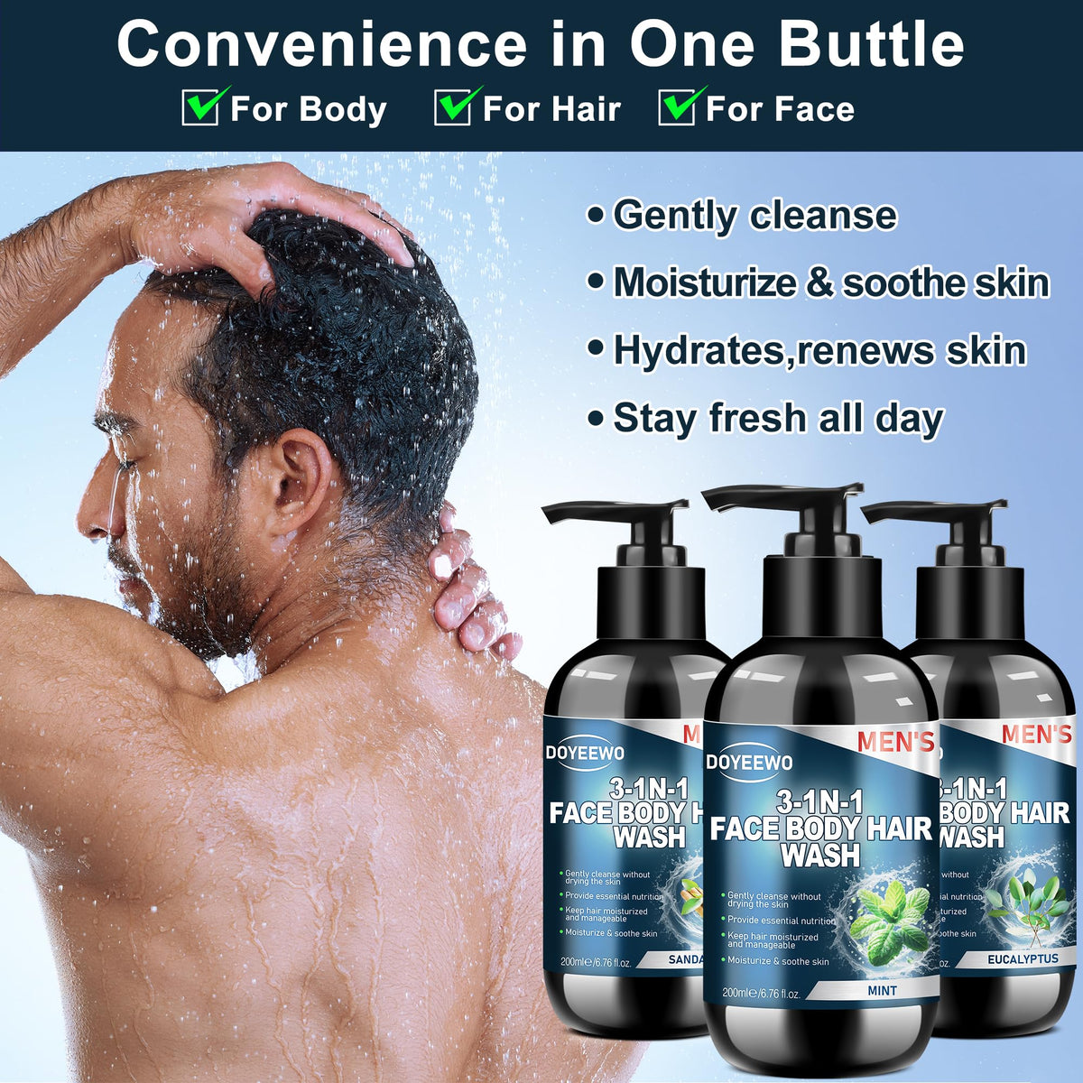 DOYEEWO mint wash in shower use illustrating cooling sensation and cleansing benefit