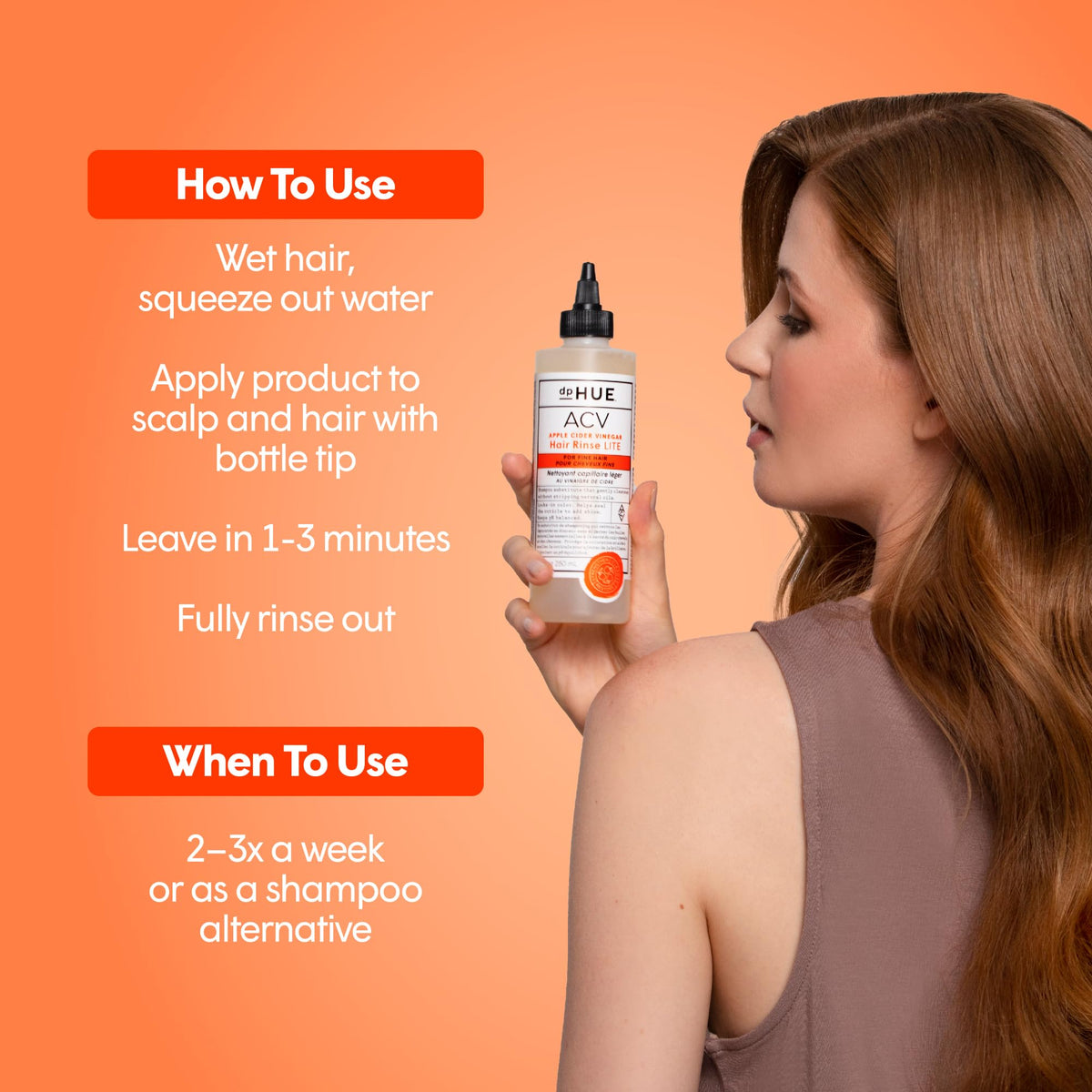 dpHUE bottle beside hand showing 8.5 oz scale and travel-friendly benefit