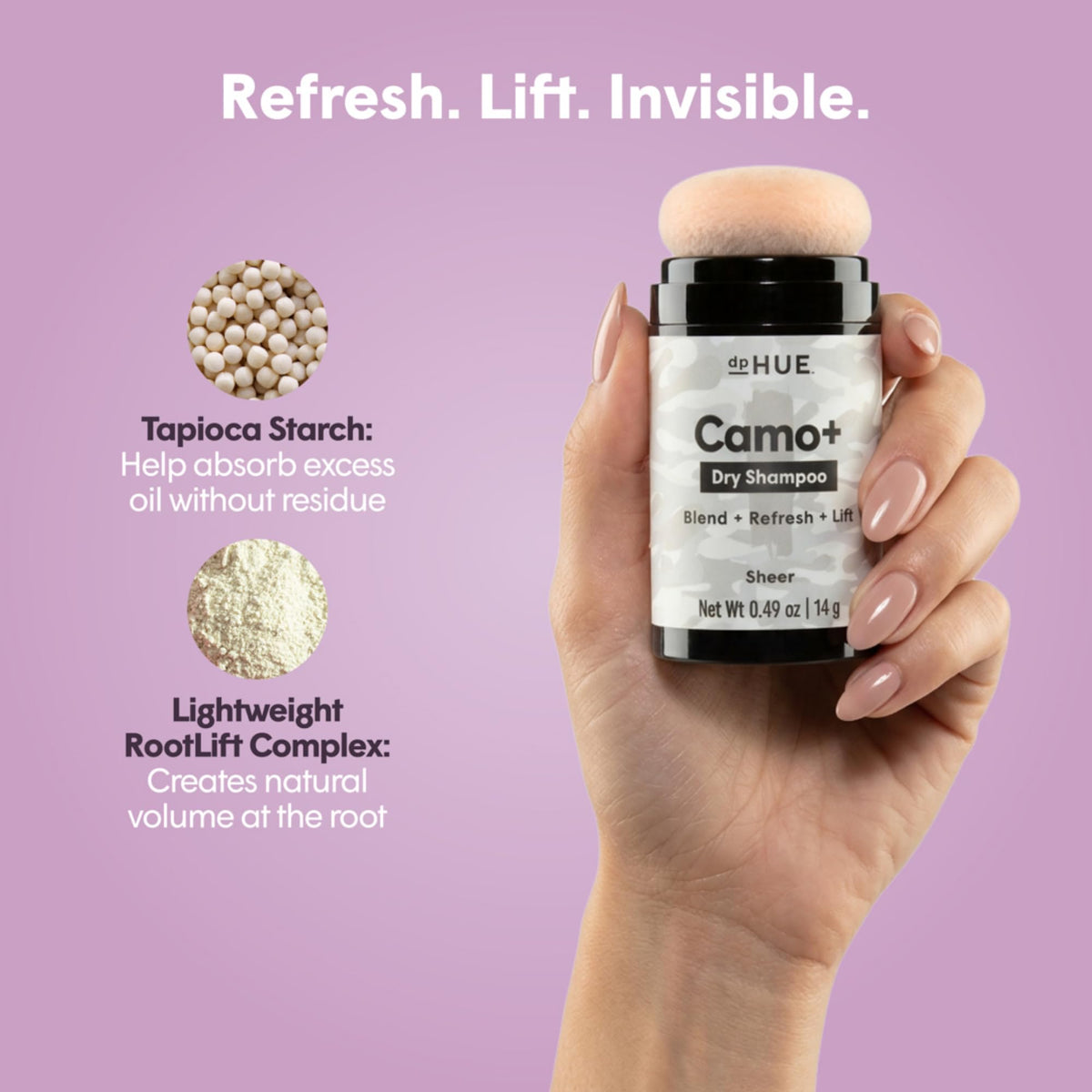 dpHUE applying powder to roots to instantly refresh hair and boost volume