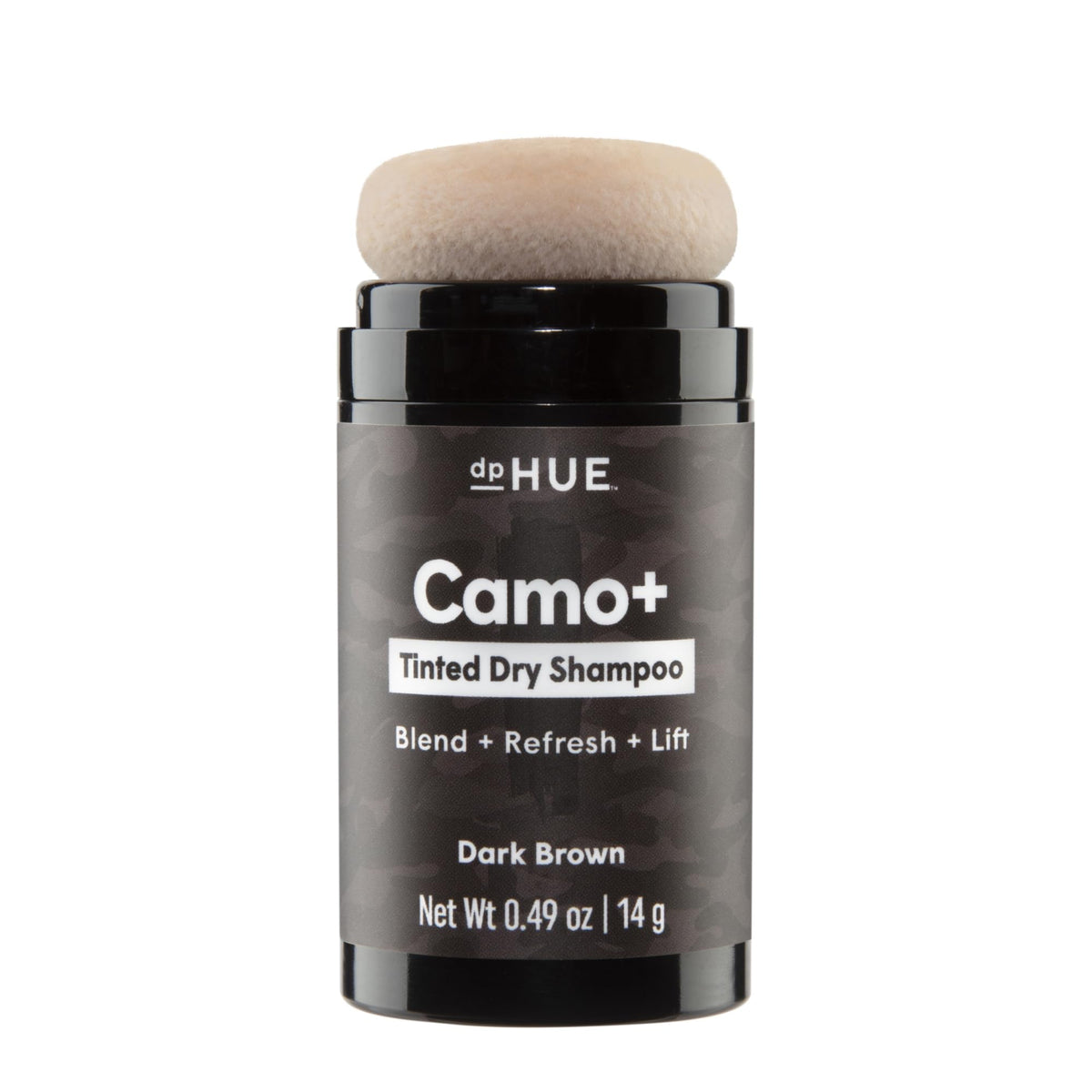 dpHUE front packaging of Camo+ Dark Brown showing product and benefits