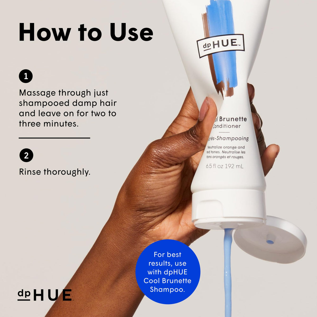 dpHUE conditioner being applied in shower for smoother detangling