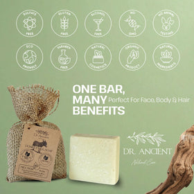 Dr.Ancient soap in shower setting, portrays versatile face and body use