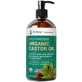 Dr. Berg bottle front view showing organic castor oil and size benefit