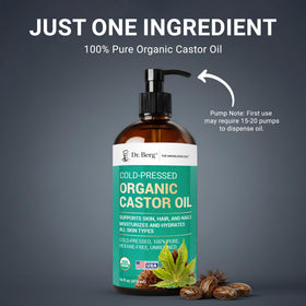 Dr. Berg castor oil pouring showing thick texture for deep hydration