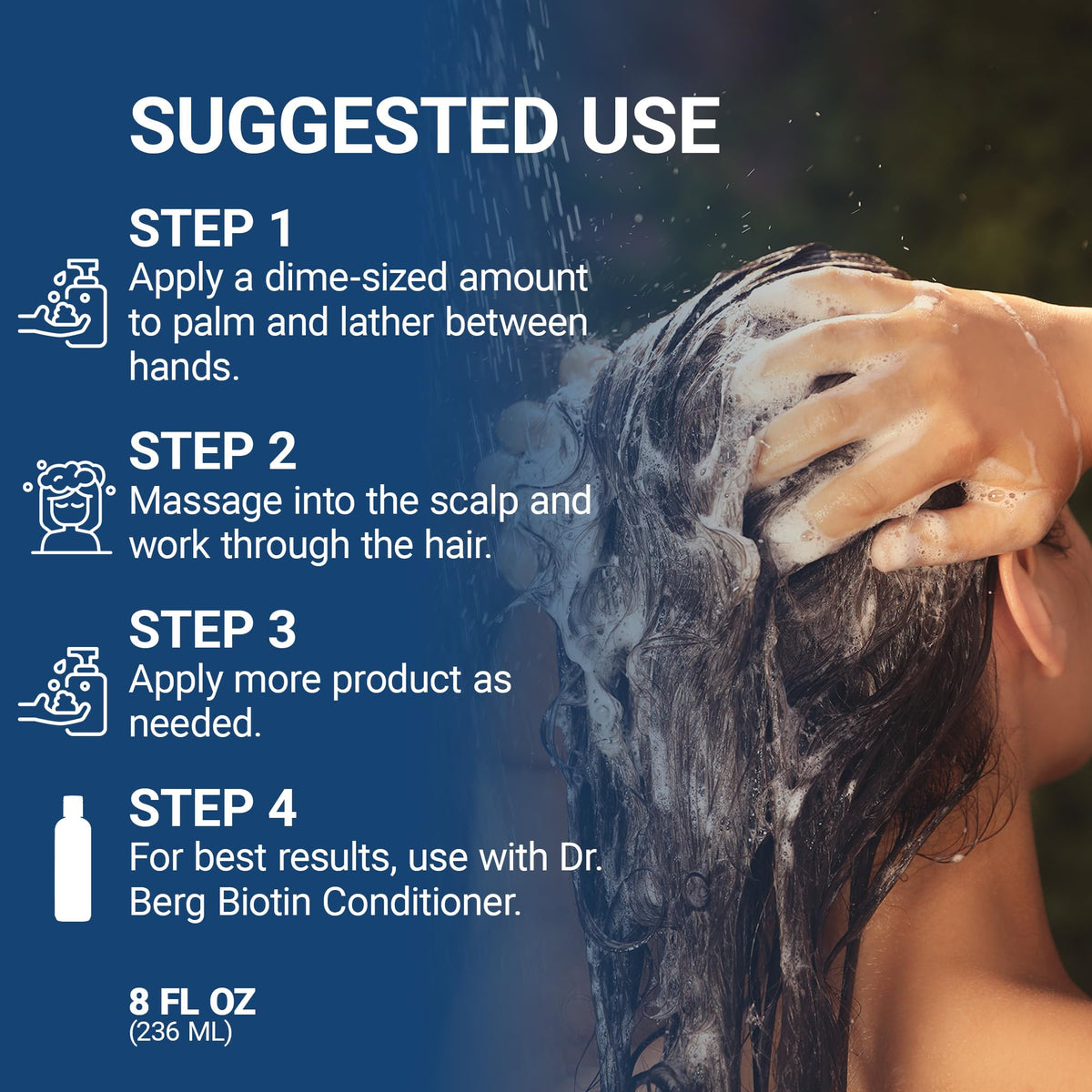 Dr. Berg shampoo foaming on wet hair showing effective cleansing