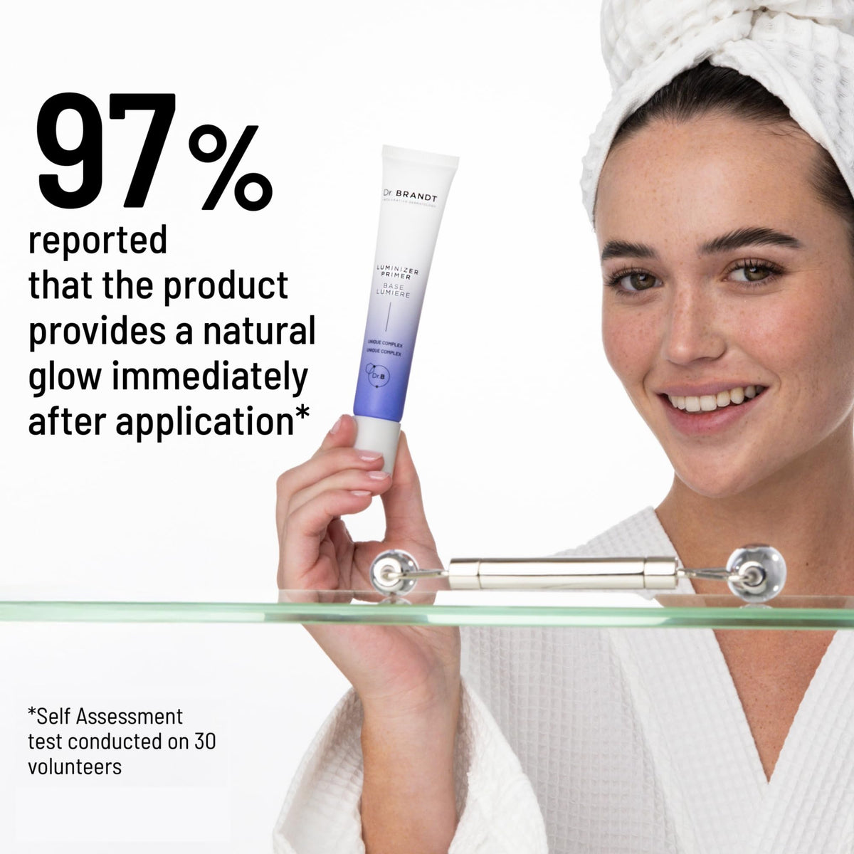 Dr. Brandt primer being blended on hand demonstrating easy application and matte glow