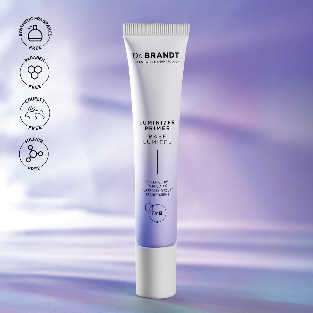 Dr. Brandt primer on vanity with brush and mirror conveying everyday glow prep
