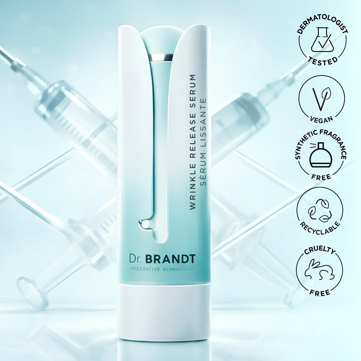 Dr. Brandt 1.0 fl oz serum beside hand to show product size and travel convenience