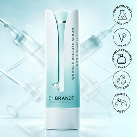Dr. Brandt 1.0 fl oz serum beside hand to show product size and travel convenience