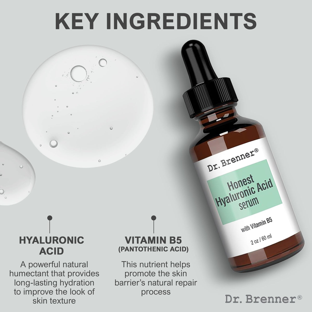 Dr. Brenner dropper dispensing clear serum, highlighting precise application