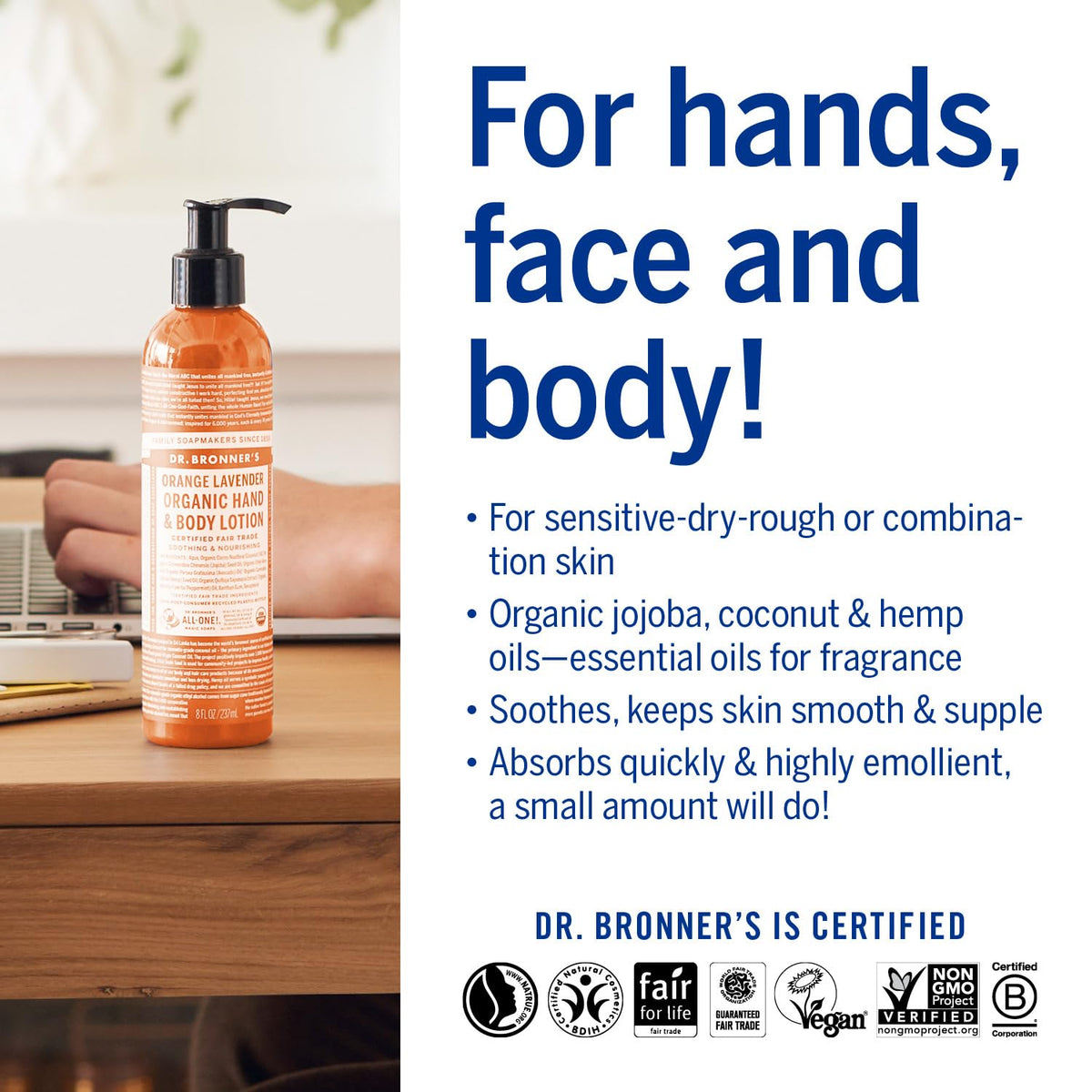 Dr. Bronner's lotion being applied to hands demonstrating quick hydration