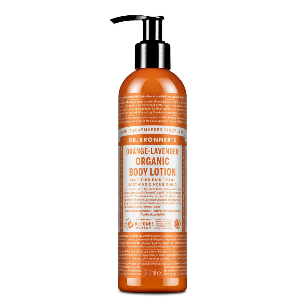 Dr. Bronner's front bottle shows orange lavender label and eco benefits