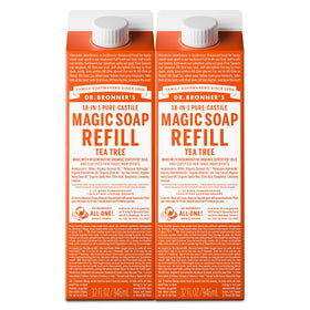Dr. Bronner's front packaging showing tea tree refill and sustainable benefits