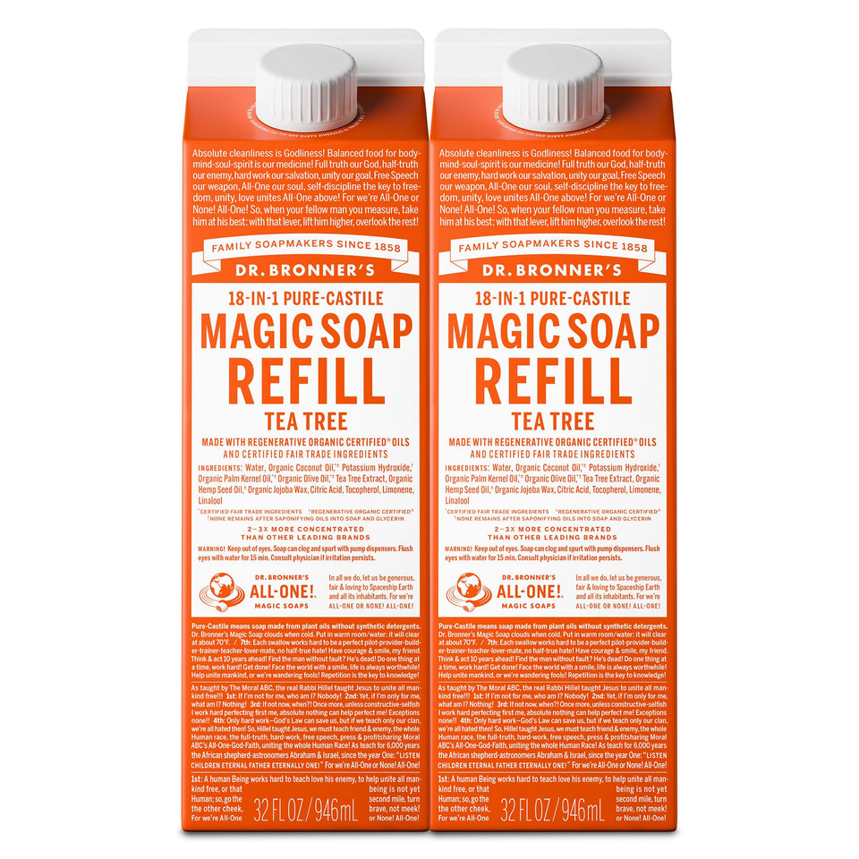 Dr. Bronner's front packaging showing tea tree refill and sustainable benefits