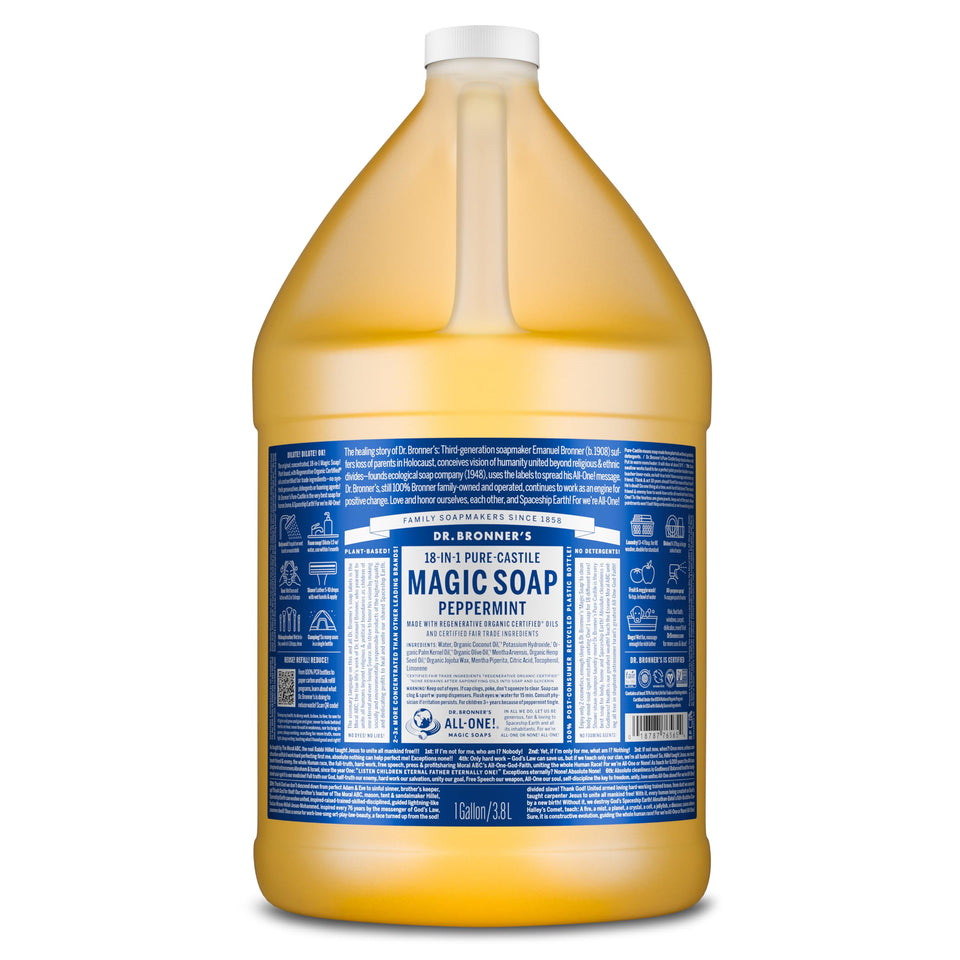 Dr. Bronner's gallon bottle front label showing peppermint scent and benefits
