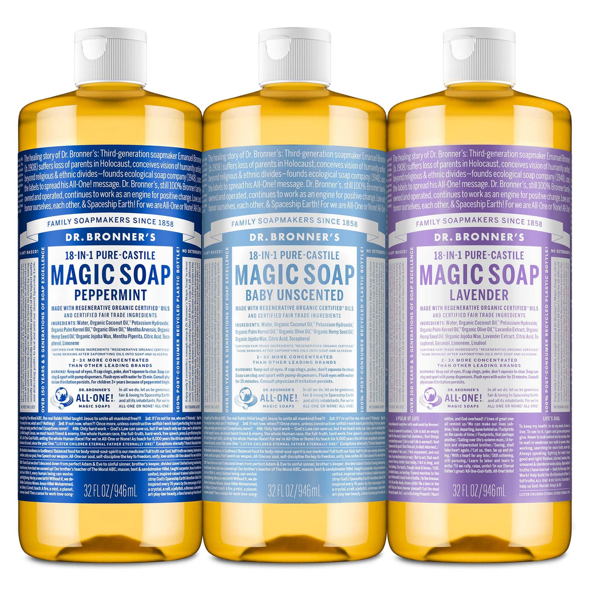 Dr. Bronner's 3-pack front packaging showing all three 32oz bottles and benefits