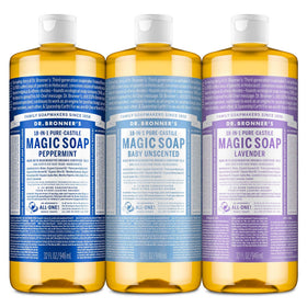 Dr. Bronner's 3-pack front packaging showing all three 32oz bottles and benefits