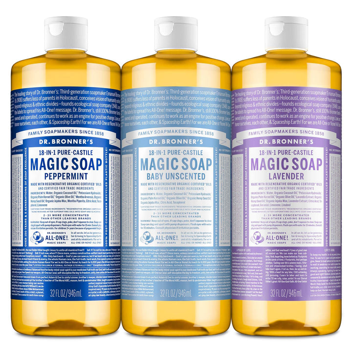 Dr. Bronner's 3-pack front packaging showing all three 32oz bottles and benefits