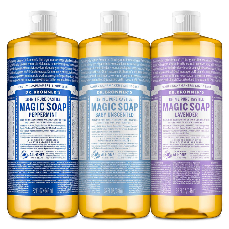 Dr. Bronner's 3-pack front packaging showing all three 32oz bottles and benefits