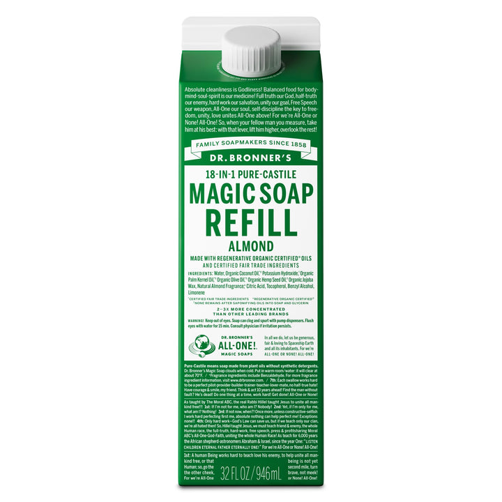 Dr. Bronner's almond 32oz carton front showing label and benefits
