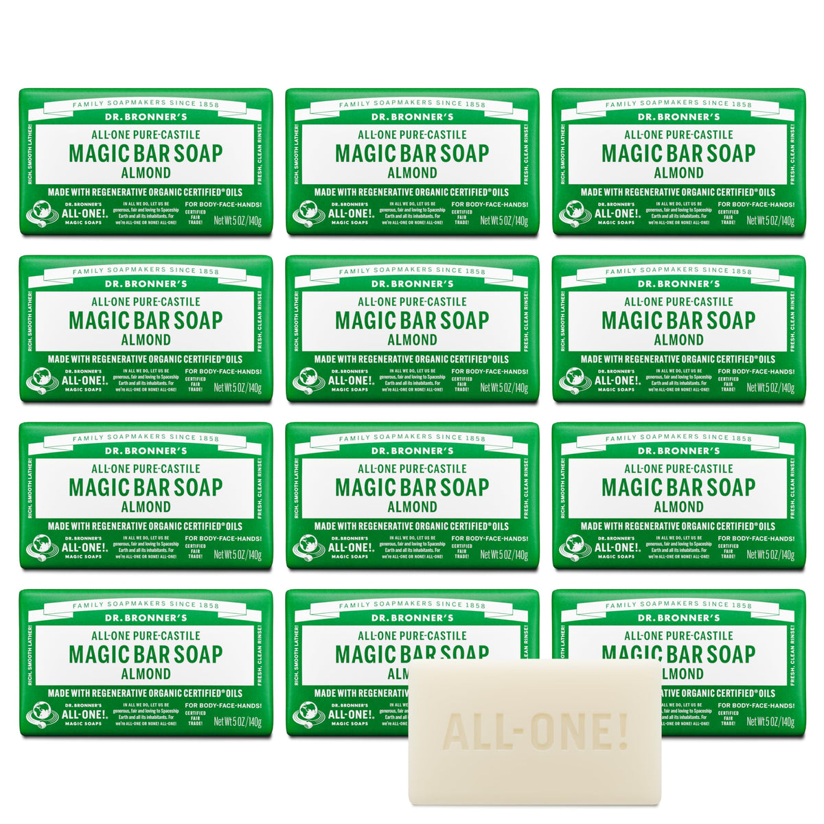 Dr. Bronner's almond bar front packaging showing label and benefits