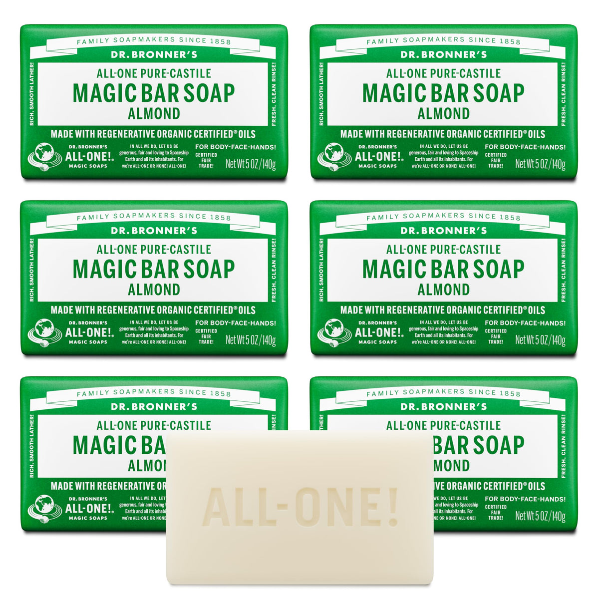 Dr. Bronner's almond bar front view showing clean packaging and size advantage