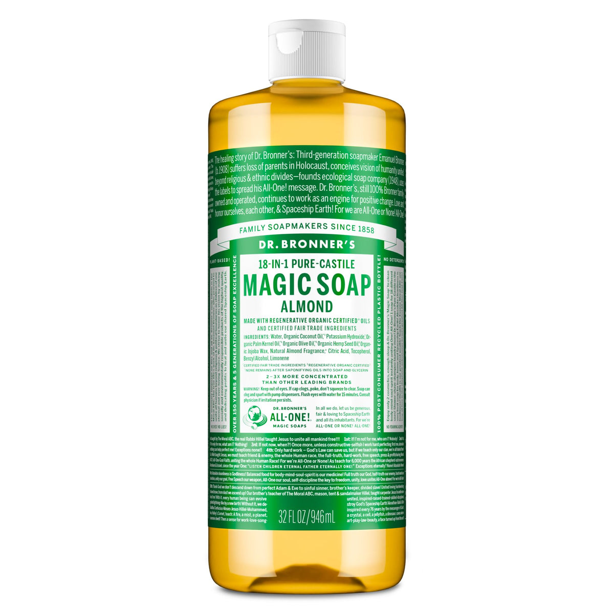 Dr. Bronner's almond bottle front showing size and branding for versatile use