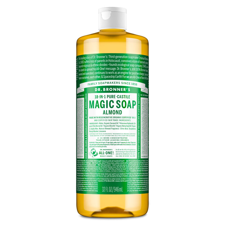 Dr. Bronner's almond bottle front showing size and branding for versatile use