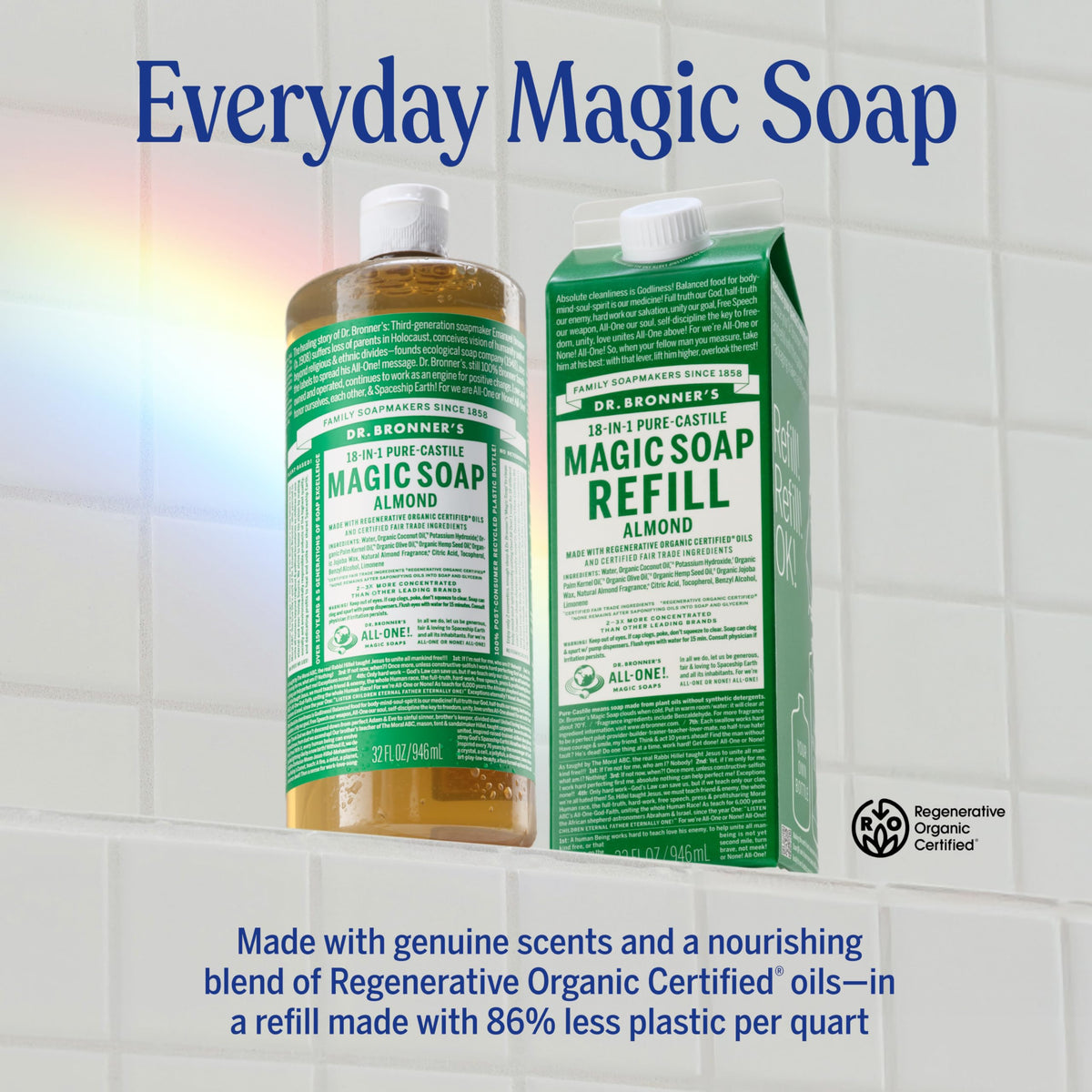 Dr. Bronner's almond bottle label detail highlighting organic certified oils benefit