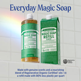 Dr. Bronner's almond bottle label detail highlighting organic certified oils benefit