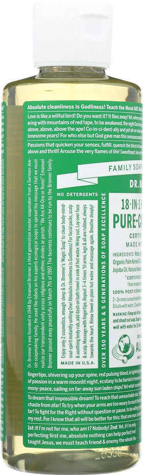 Dr. Bronner's almond bottle made from recycled plastic emphasizing sustainable packaging benefit