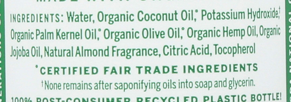 Dr. Bronner's almond castile soap ingredients list close-up highlighting organic oils benefit transparency