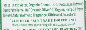 Dr. Bronner's almond castile soap ingredients list close-up highlighting organic oils benefit transparency