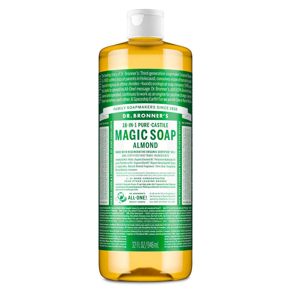 Dr. Bronner's almond bottle front view showing full packaging and brand clarity