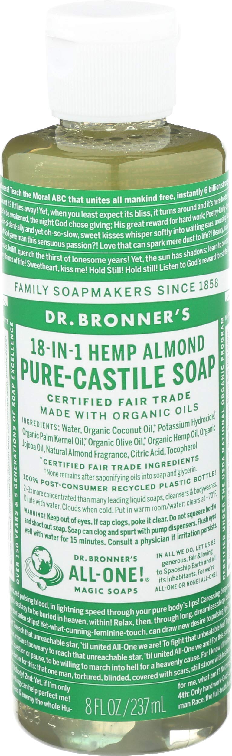 Dr. Bronner's almond liquid soap front label showing scent and size benefit gentle cleansing