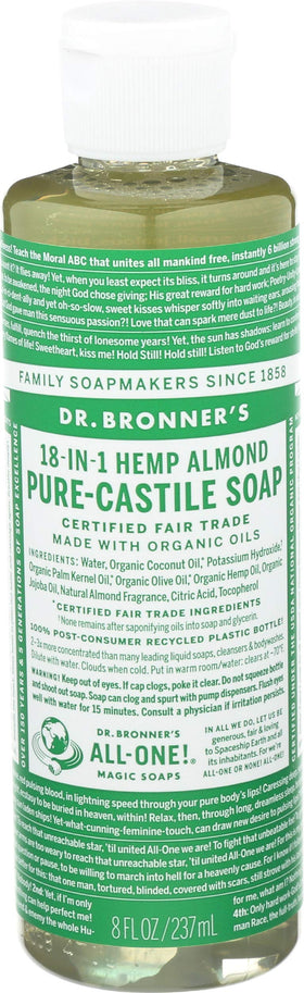 Dr. Bronner's almond liquid soap front label showing scent and size benefit gentle cleansing