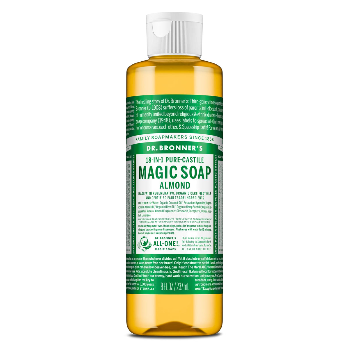Dr. Bronner's almond front label showing organic certification and compact size benefit