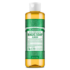 Dr. Bronner's almond front label showing organic certification and compact size benefit