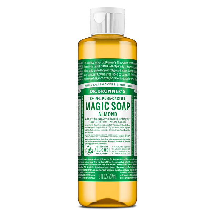 Dr. Bronner's almond front label showing organic certification and compact size benefit