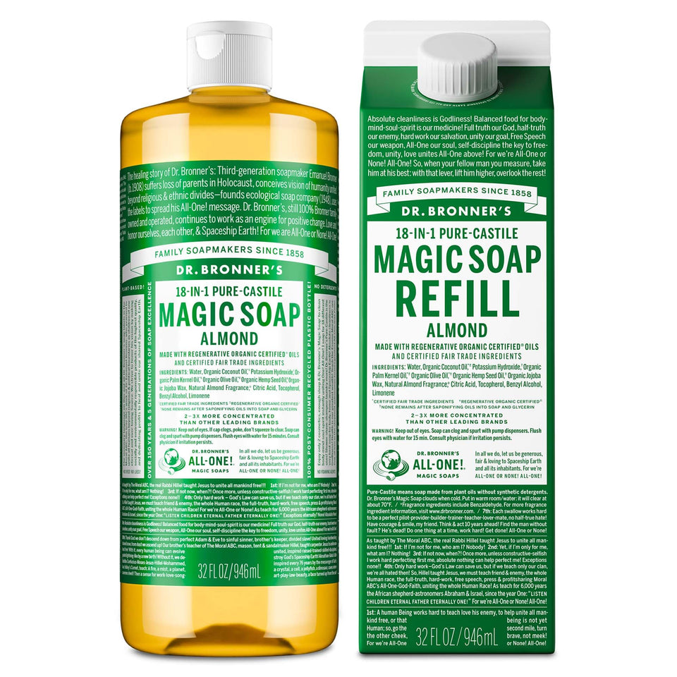 Dr. Bronner's almond front packaging shows bottle and refill, easy refill benefit