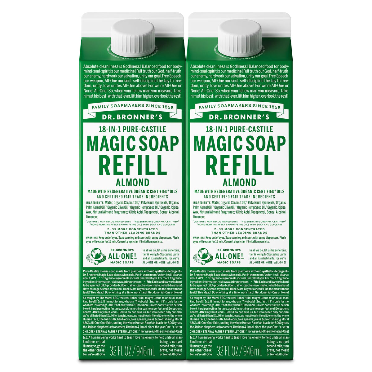 Dr. Bronner's almond front packaging showing scent and size benefits