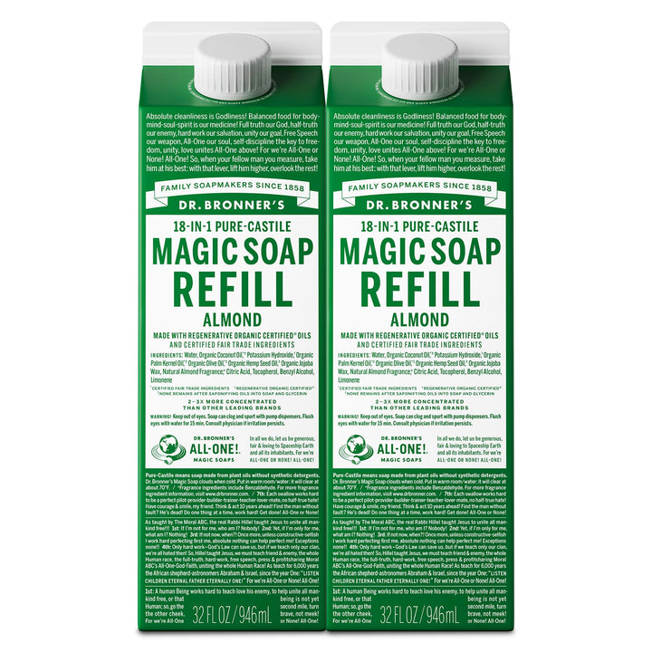 Dr. Bronner's almond front packaging showing scent and size benefits