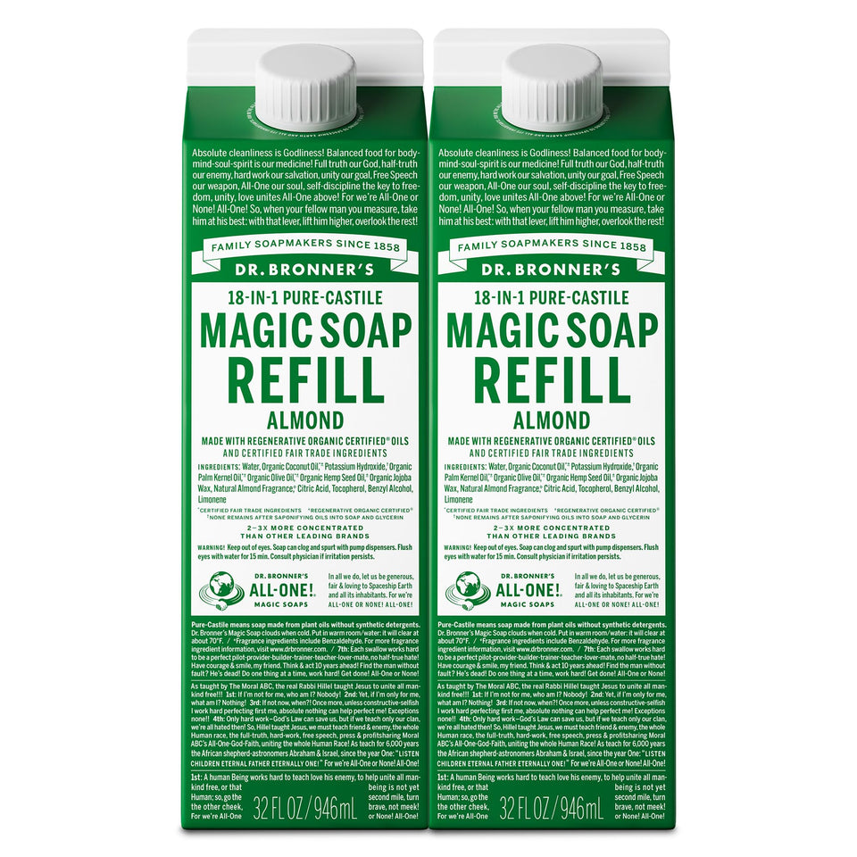 Dr. Bronner's almond front packaging showing scent and size benefits