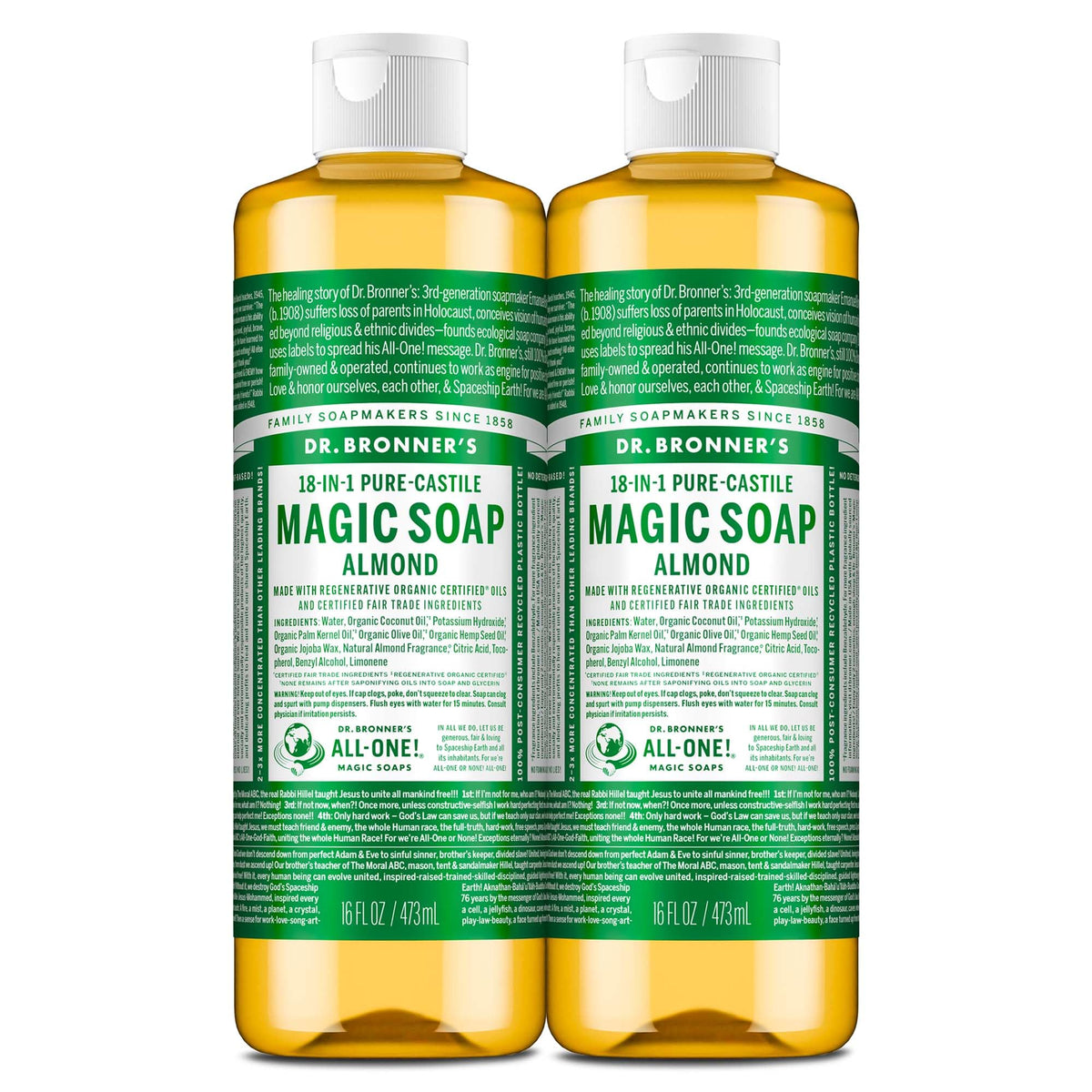 Dr. Bronner's almond front packaging showing product and twin bottles benefit versatility