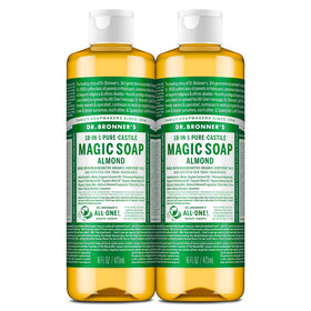 Dr. Bronner's almond front packaging showing product and twin bottles benefit versatility