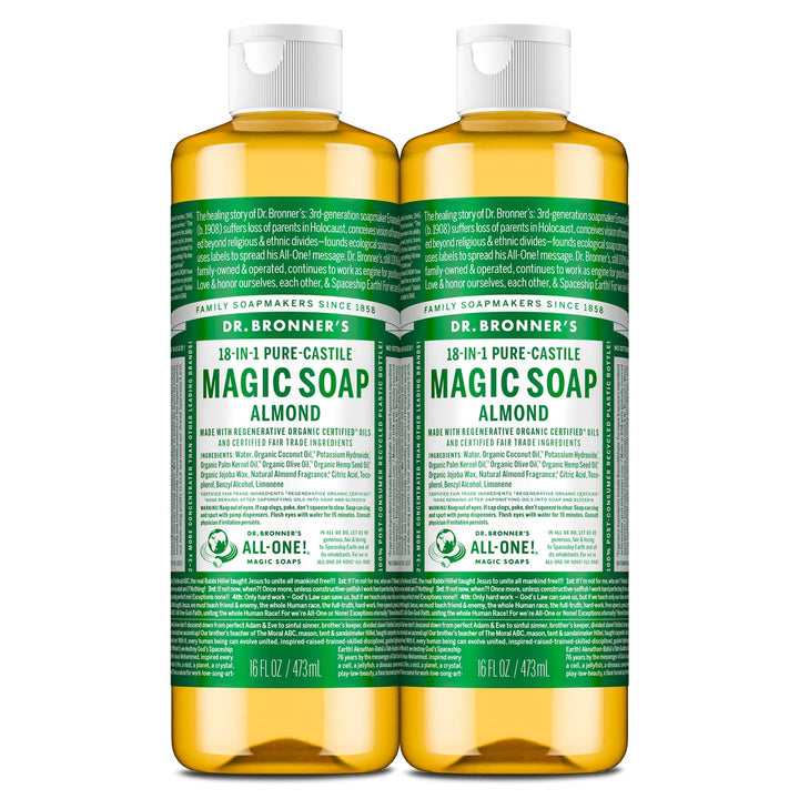 Dr. Bronner's almond front packaging showing product and twin bottles benefit versatility