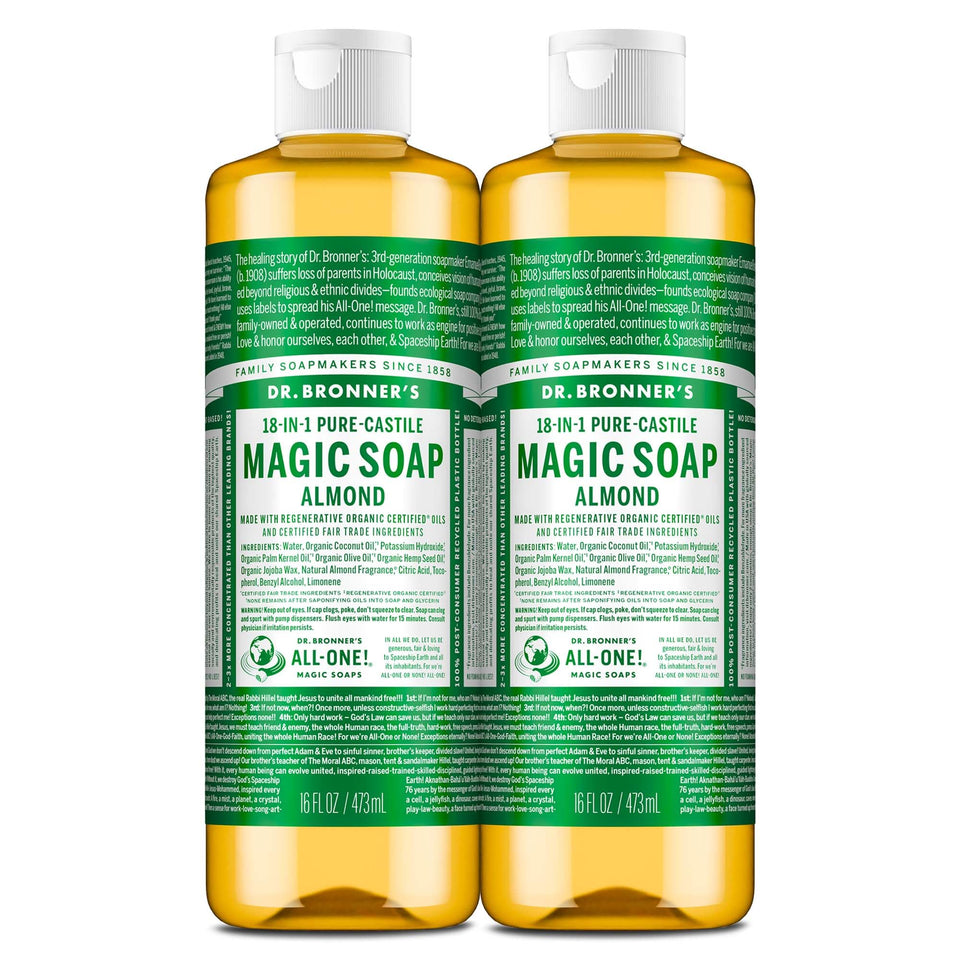 Dr. Bronner's almond front packaging showing product and twin bottles benefit versatility