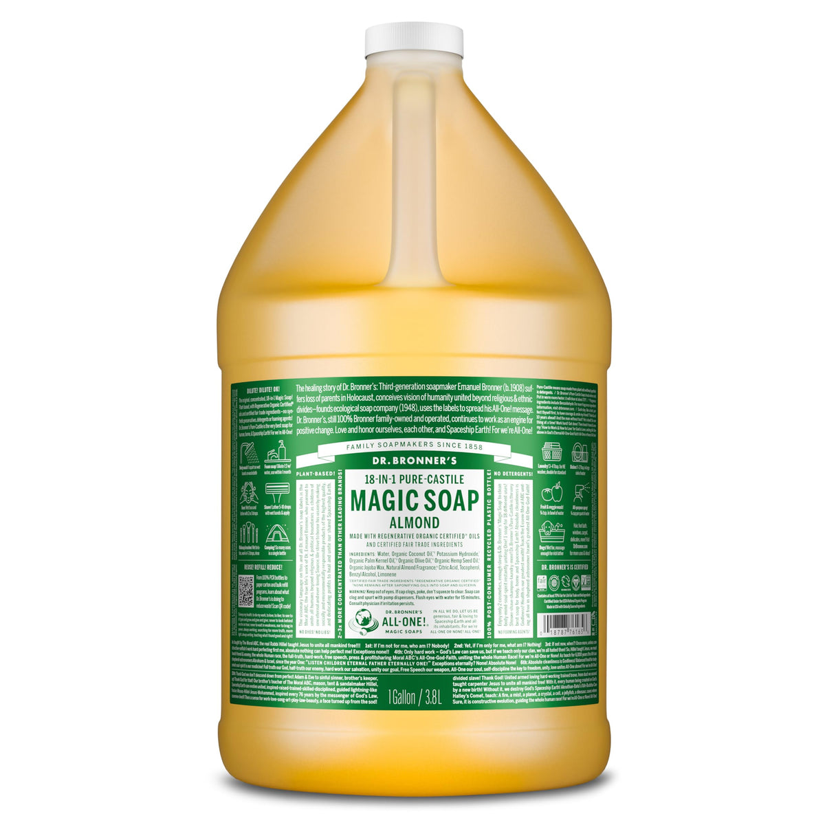 Dr. Bronner's almond gallon front label showing organic certifications and multiuse benefits