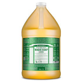 Dr. Bronner's almond gallon front label showing organic certifications and multiuse benefits