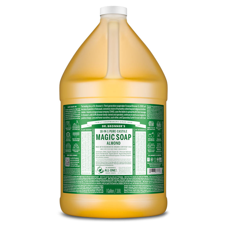 Dr. Bronner's almond gallon front label showing organic certifications and multiuse benefits